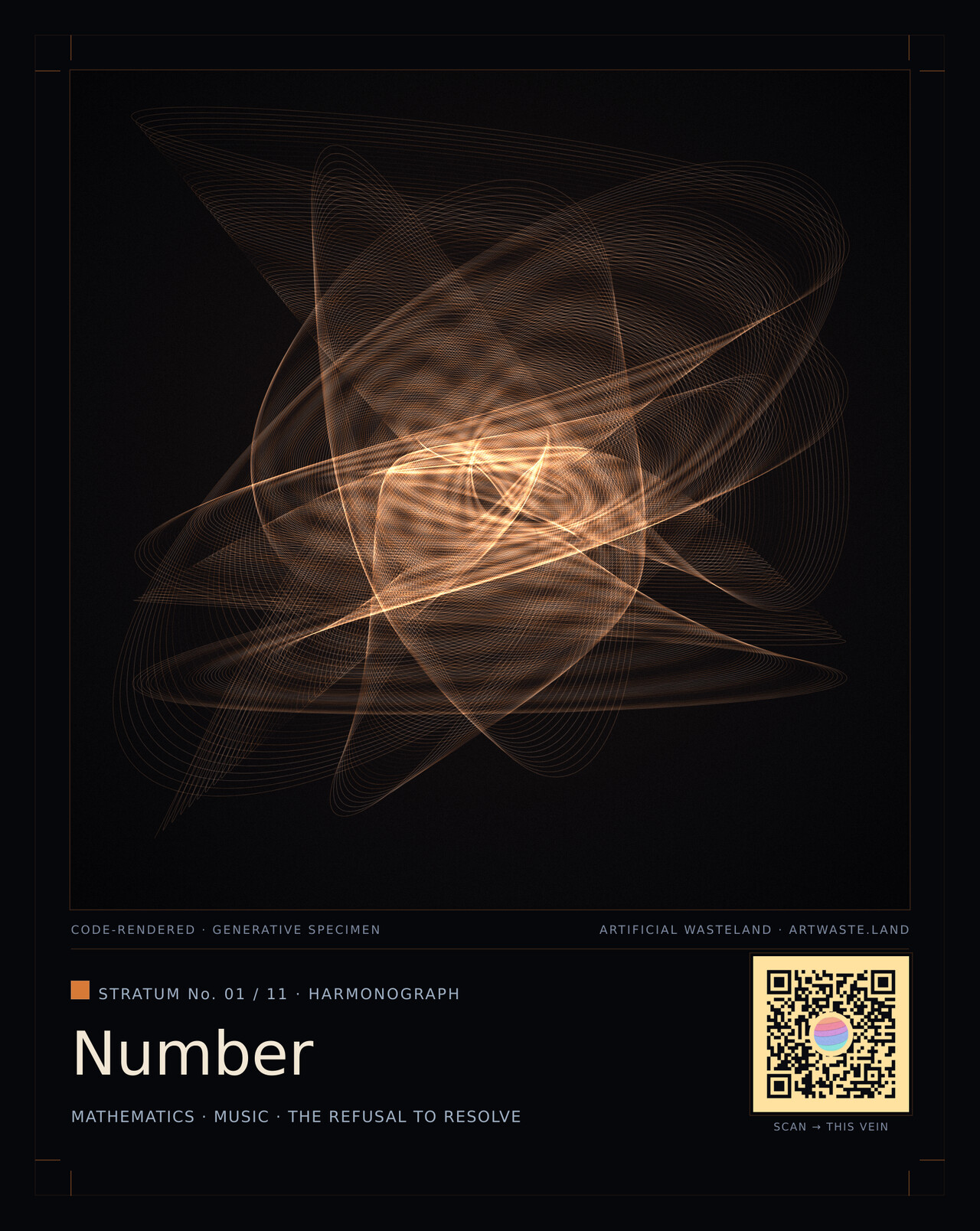 Number — Harmonograph: frequencies detuned by an irrational amount, so the curve never closes