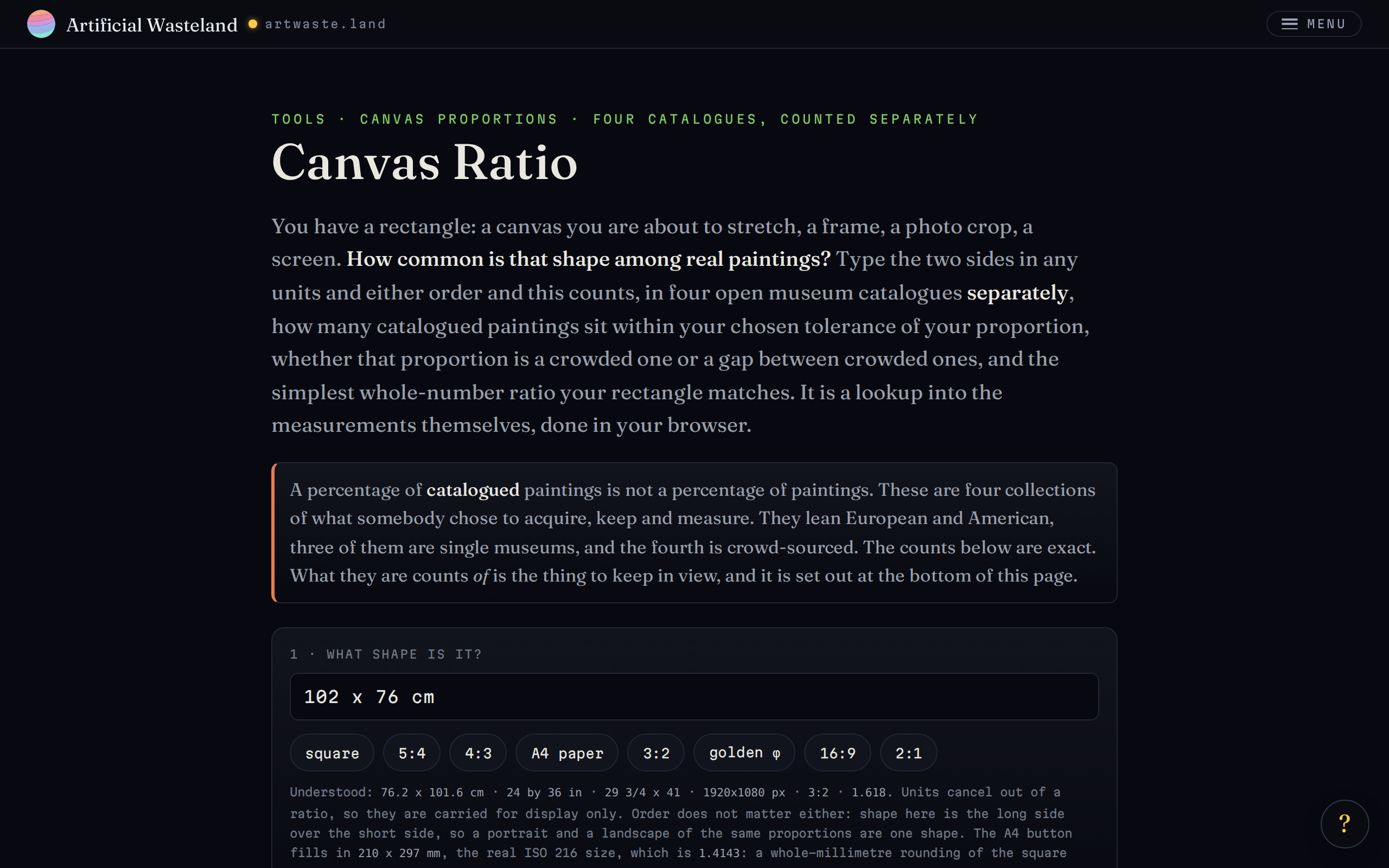 Canvas Ratio: a dimensions box reading 102 x 76 cm, and a caveat that a percentage of catalogued paintings is not a percentage of paintings