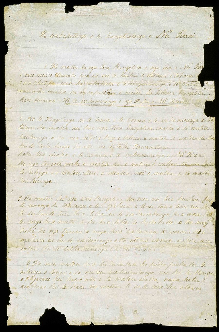 The first page of the signed 1835 Declaration of Independence of New Zealand, handwritten in Māori on lined paper.